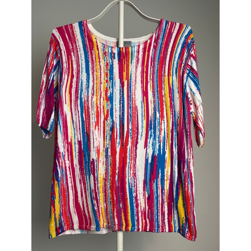 Joseph A. Womens XL Short Sleeve Knit Top Multicolor Abstract Brushstroke Top